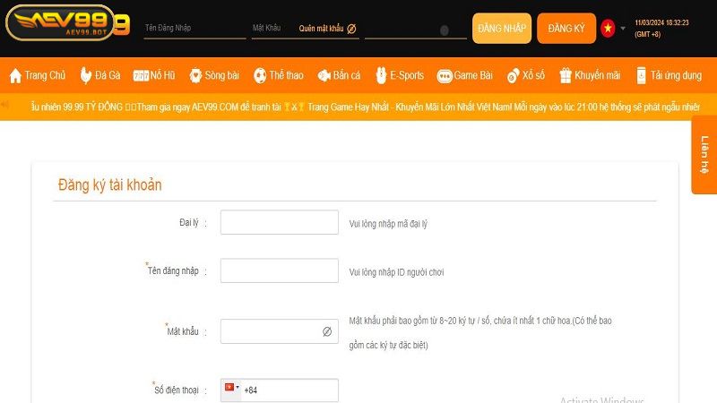 Điền thông tin tài khoản vào biểu mẫu đăng ký trên hệ thống nhà cái AEV99